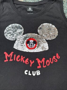 Disney Black Tank Top with Silver Sequin Mickey Ears and Red Logo S-M